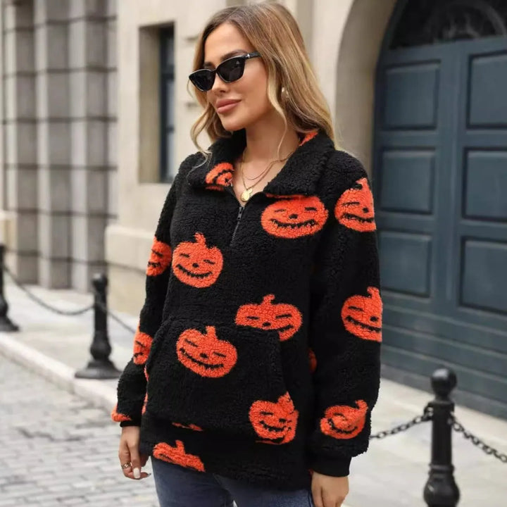 Naisten Halloween-kurpitsakuvioinen puolivetoketjullinen neulepusero