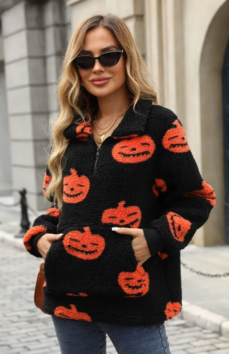 Naisten Halloween-kurpitsakuvioinen puolivetoketjullinen neulepusero
