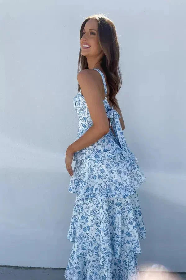 Women's Floral Tiered Maxi Dress with Bow Back and Shoulder Straps-Metro Lane Plaza