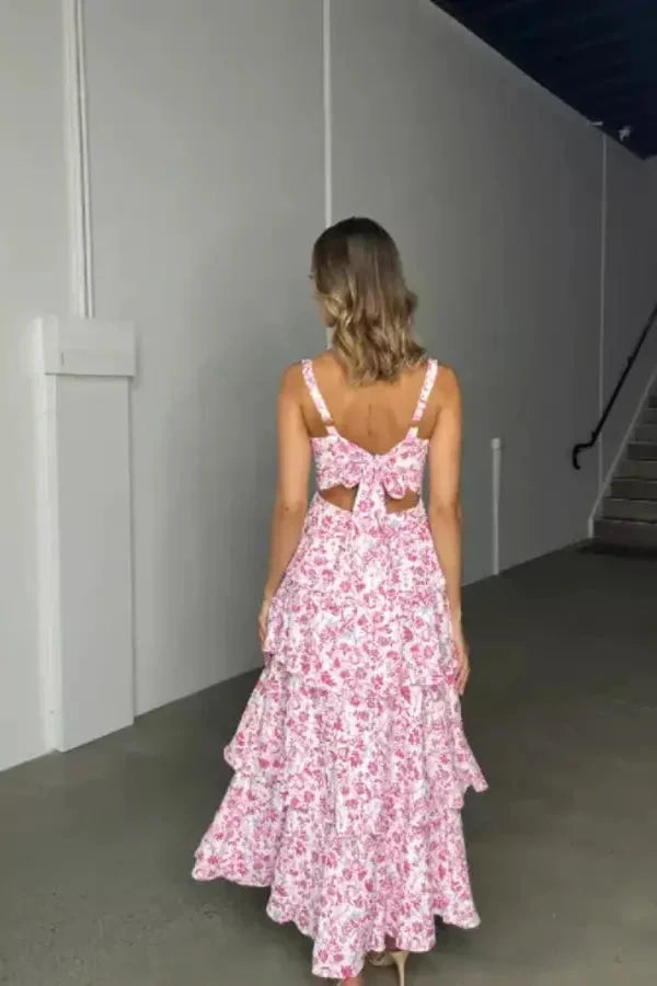 Women's Floral Tiered Maxi Dress with Bow Back and Shoulder Straps-Metro Lane Plaza