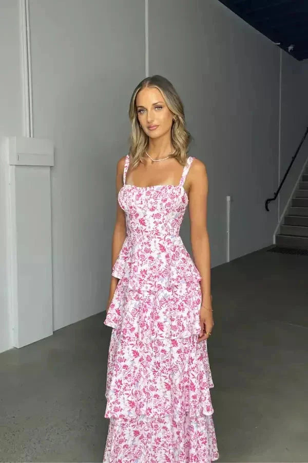 Women's Floral Tiered Maxi Dress with Bow Back and Shoulder Straps-Metro Lane Plaza