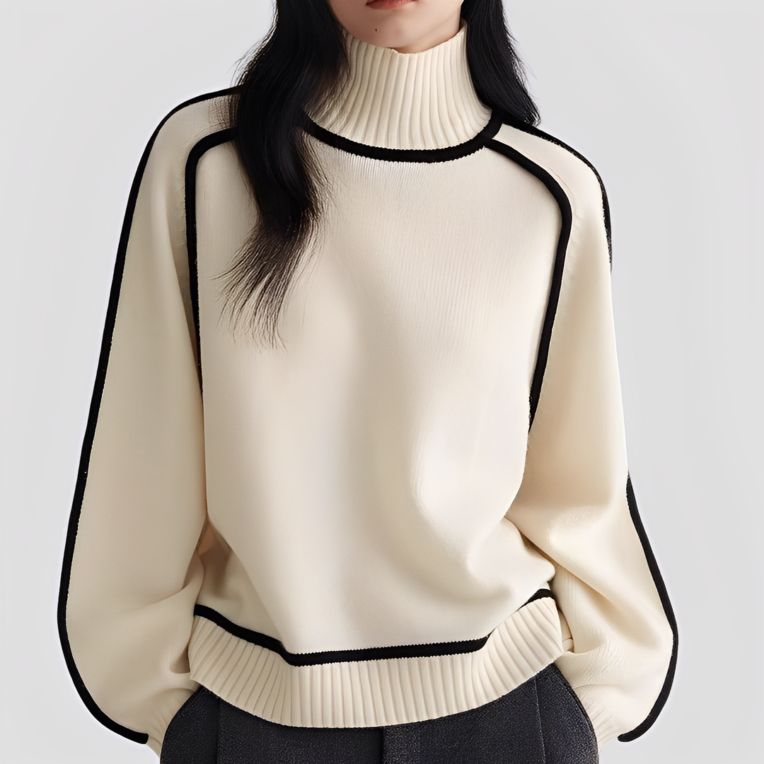 Gerippter Rollkragenpullover für Damen mit kontrastfarbenem Besatz