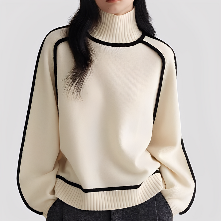 Gerippter Rollkragenpullover für Damen mit kontrastfarbenem Besatz