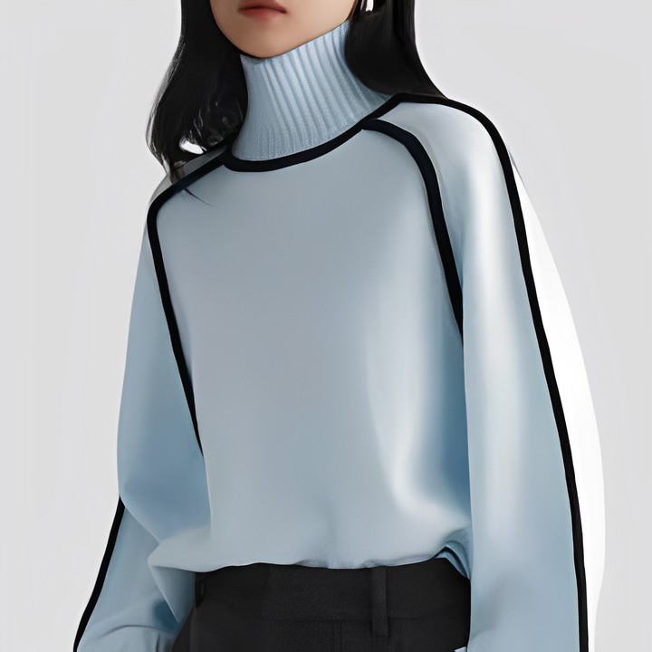 Gerippter Rollkragenpullover für Damen mit kontrastfarbenem Besatz