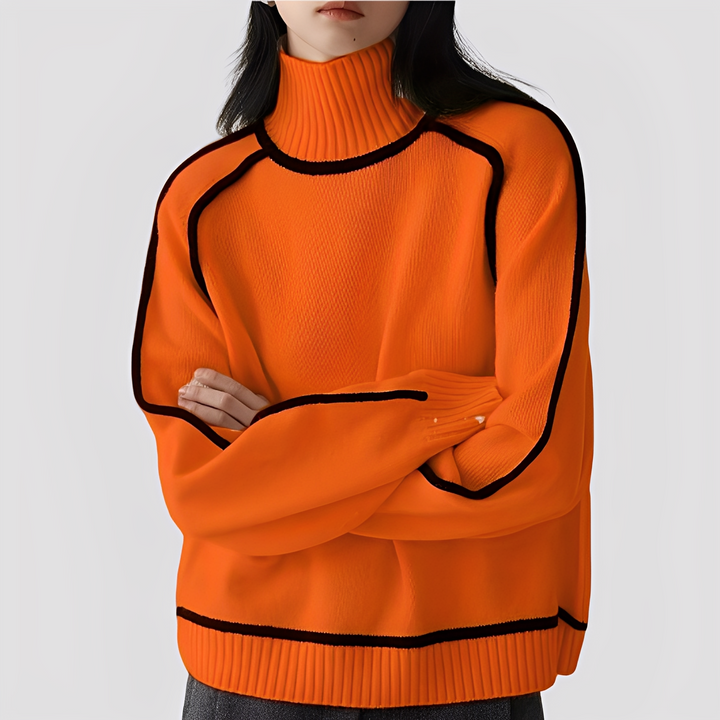 Gerippter Rollkragenpullover für Damen mit kontrastfarbenem Besatz