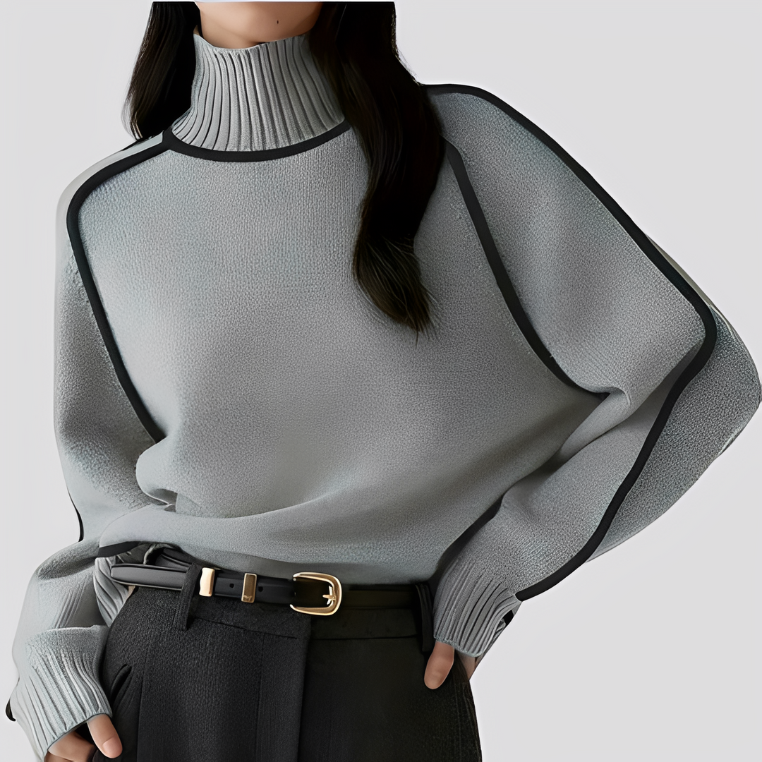 Gerippter Rollkragenpullover für Damen mit kontrastfarbenem Besatz