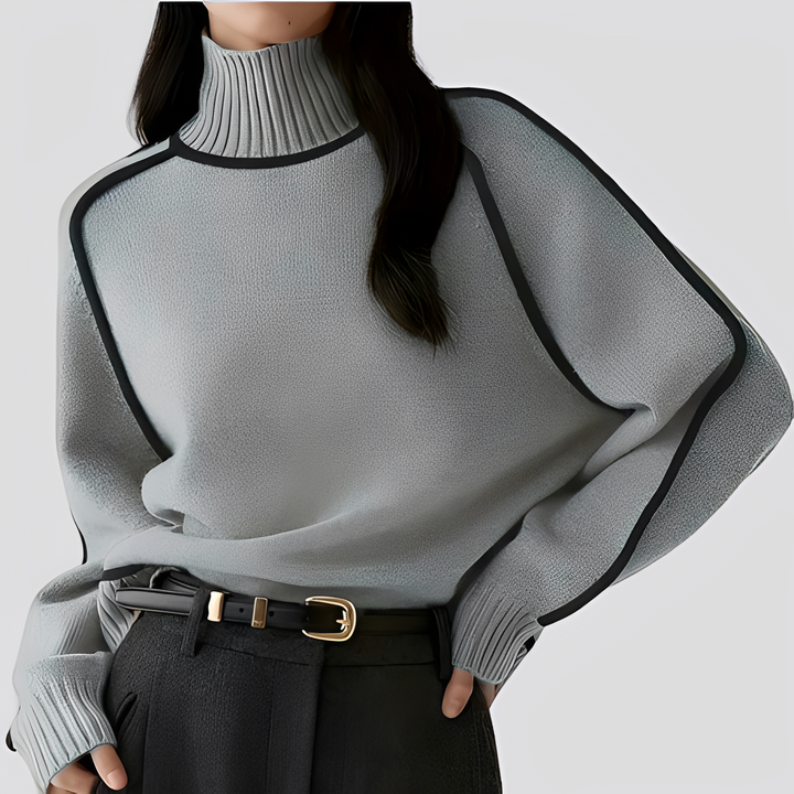 Gerippter Rollkragenpullover für Damen mit kontrastfarbenem Besatz