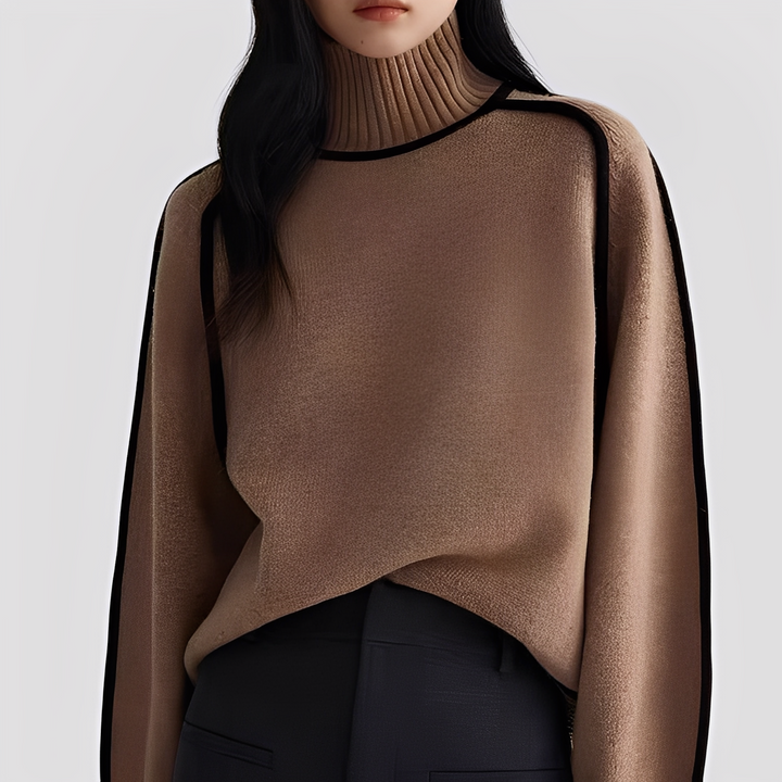 Gerippter Rollkragenpullover für Damen mit kontrastfarbenem Besatz
