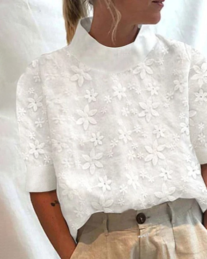 Sonya | Women's Embroidered Solid Stand-Up Collar Top-Metro Lane Plaza