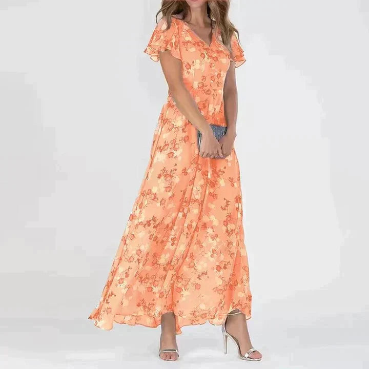 Sophia | Women's Floral V-Neck Long Dress-Metro Lane Plaza