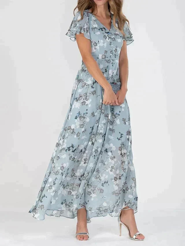 Sophia | Women's Floral V-Neck Long Dress-Metro Lane Plaza