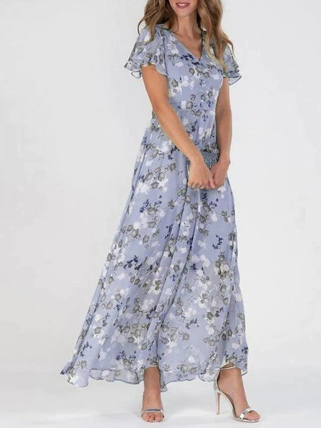 Sophia | Women's Floral V-Neck Long Dress-Metro Lane Plaza