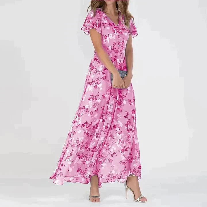 Sophia | Women's Floral V-Neck Long Dress-Metro Lane Plaza