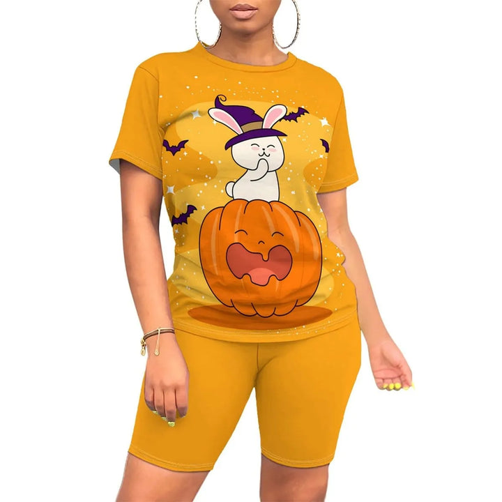 Women's Halloween Witch Print Top and Biker Shorts Set