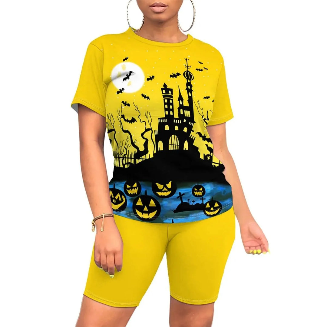 Women's Halloween Witch Print Top and Biker Shorts Set