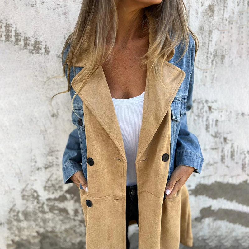 Sophia | Women's Mid-Length Trench Coat with Denim Stitching-Metro Lane Plaza