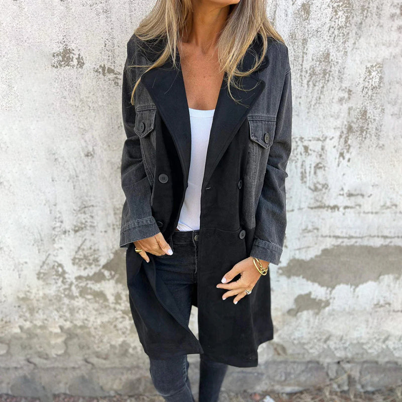 Sophia | Women's Mid-Length Trench Coat with Denim Stitching-Metro Lane Plaza