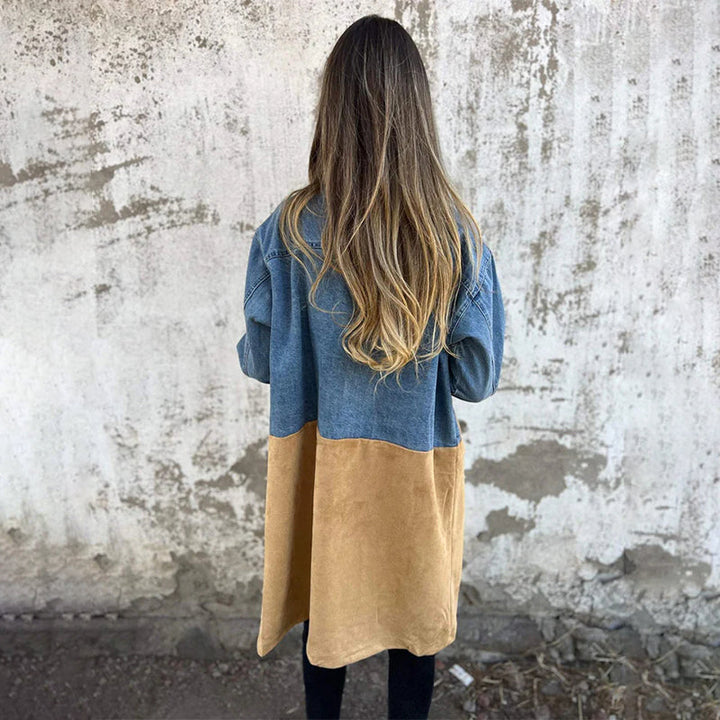 Sophia | Women's Mid-Length Trench Coat with Denim Stitching-Metro Lane Plaza