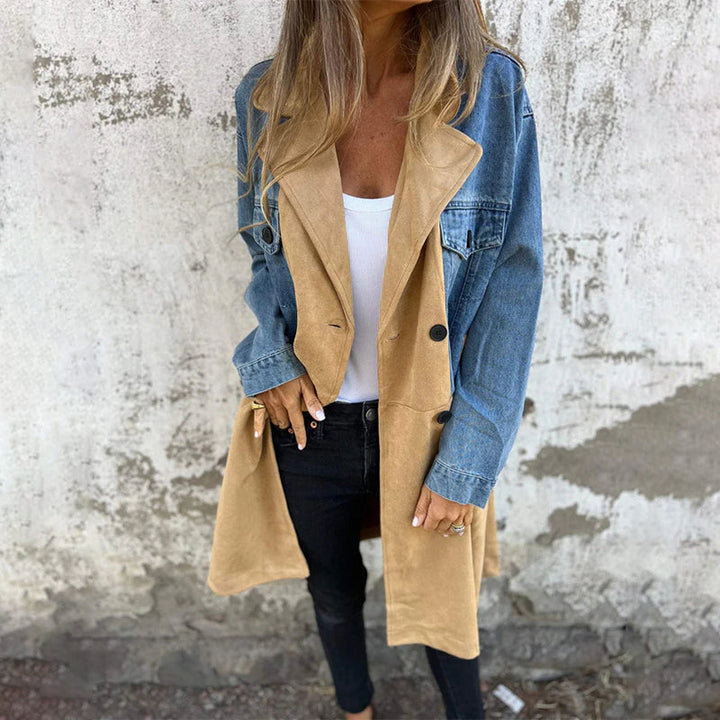 Sophia | Women's Mid-Length Trench Coat with Denim Stitching-Metro Lane Plaza