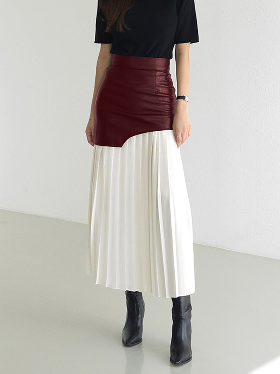 Women's Asymmetrical Patchwork Chiffon Pleated Midi Skirt-Metro Lane Plaza