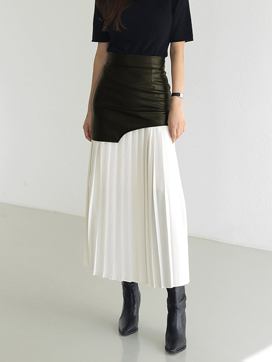 Women's Asymmetrical Patchwork Chiffon Pleated Midi Skirt-Metro Lane Plaza
