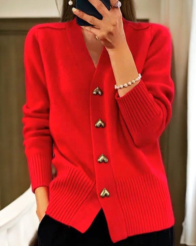 Gilet cardigan côtelé à col en V, boutonné sur le devant, à manches longues pour femme
