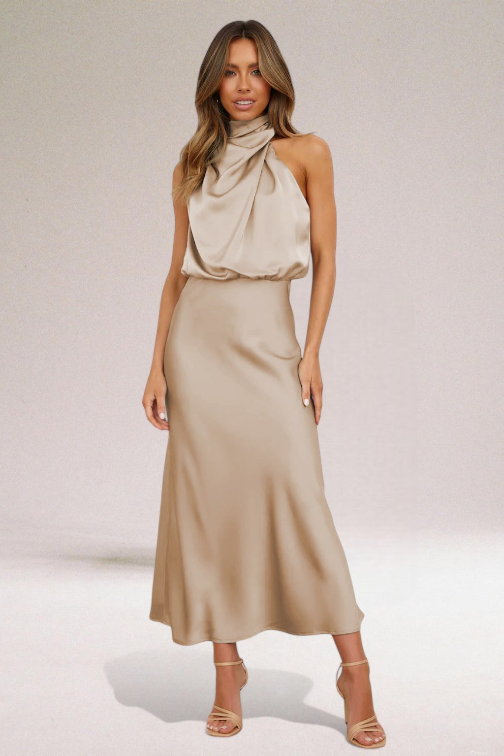 Tammy | Women's Sleeveless Halter Midi Dress for Summer Style-Metro Lane Plaza