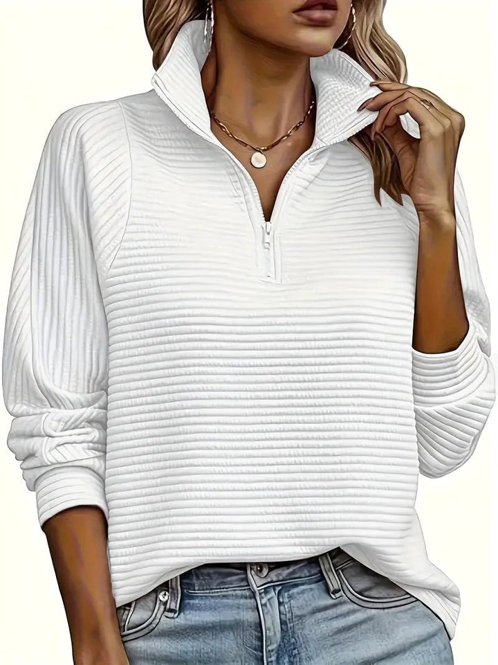 Sweater til kvinder med halvhøj lynlås og funnel neck, strikket bluse med sænkede skuldersømme