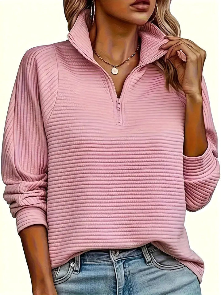 Sweater til kvinder med halvhøj lynlås og funnel neck, strikket bluse med sænkede skuldersømme