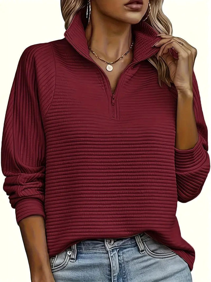 Sweater til kvinder med halvhøj lynlås og funnel neck, strikket bluse med sænkede skuldersømme