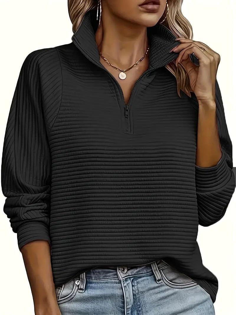 Sweater til kvinder med halvhøj lynlås og funnel neck, strikket bluse med sænkede skuldersømme