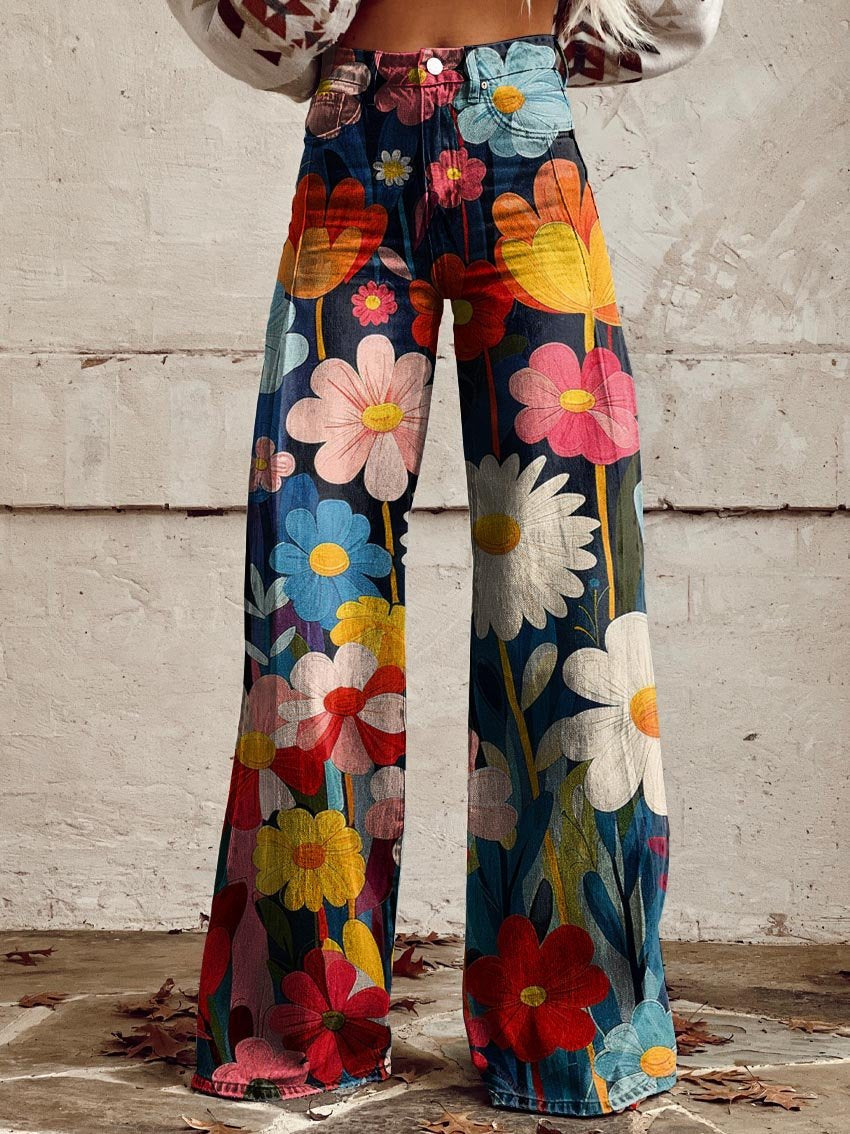 Tilda | Women's Floral Decor Wide Leg Pants-Metro Lane Plaza