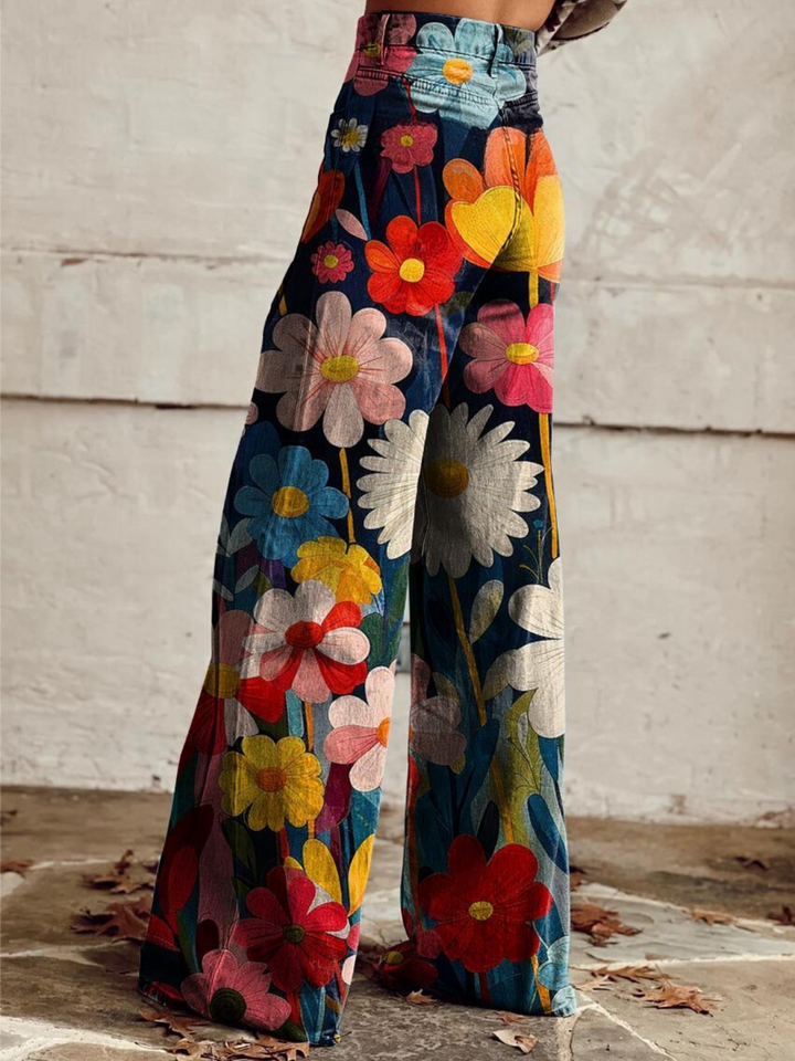 Tilda | Women's Floral Decor Wide Leg Pants-Metro Lane Plaza