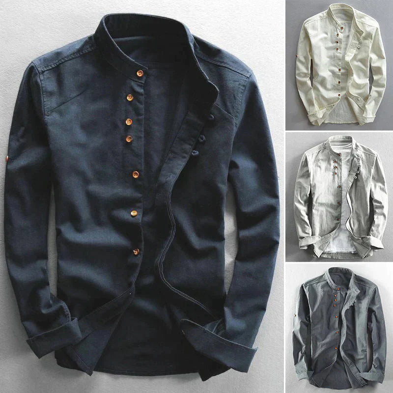 Men's Mandarin Collar Button-Down Shirt-Metro Lane Plaza