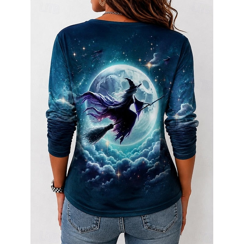 Halloween Witch Graphic Long Sleeve Shirt for Autumn Wear