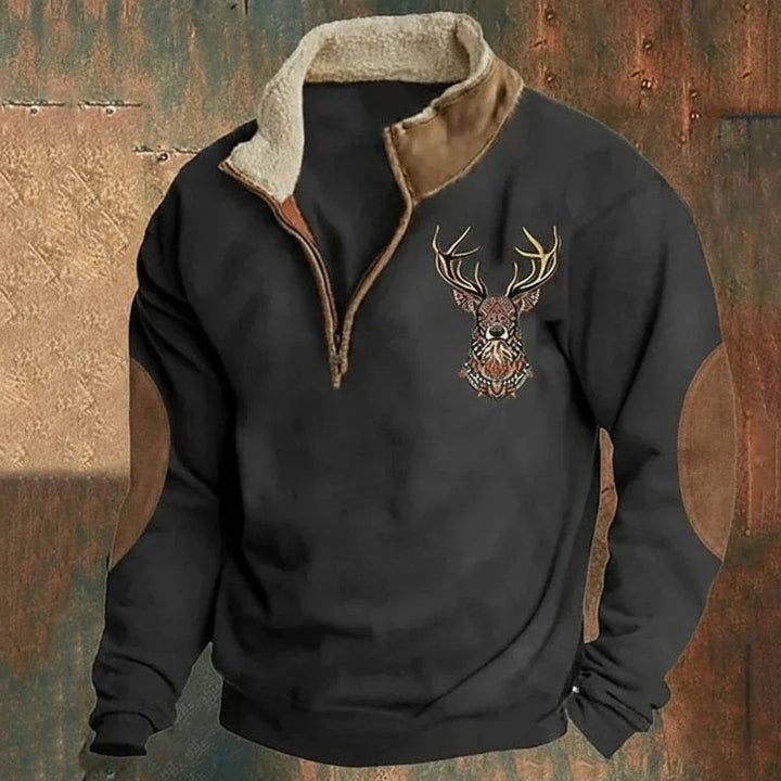 Camisola masculina nórdica com fecho de meio comprimento e veados