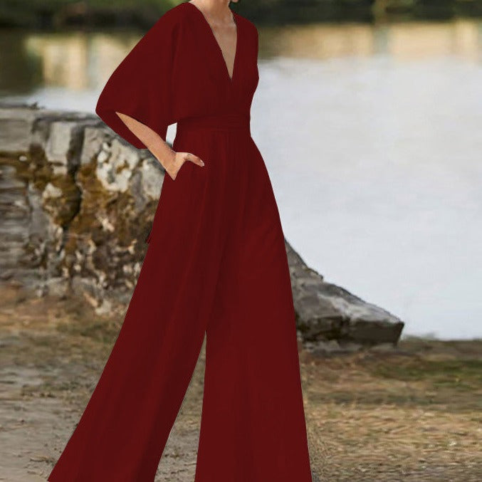 Lena | Women's Elegant V-neck Jumpsuit-Metro Lane Plaza