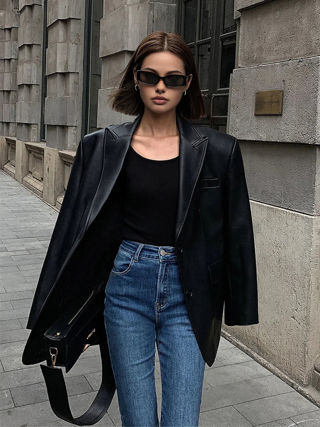 Women's Oversized Faux Leather Blazer Jacket