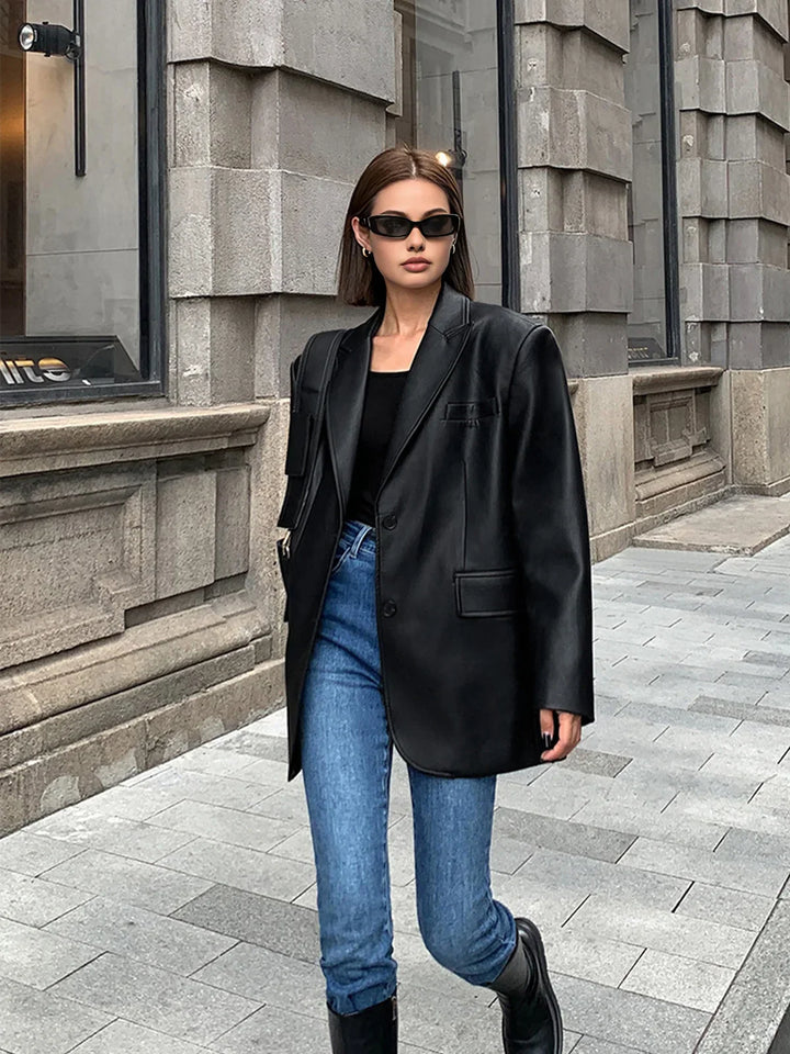 Women's Oversized Faux Leather Blazer Jacket