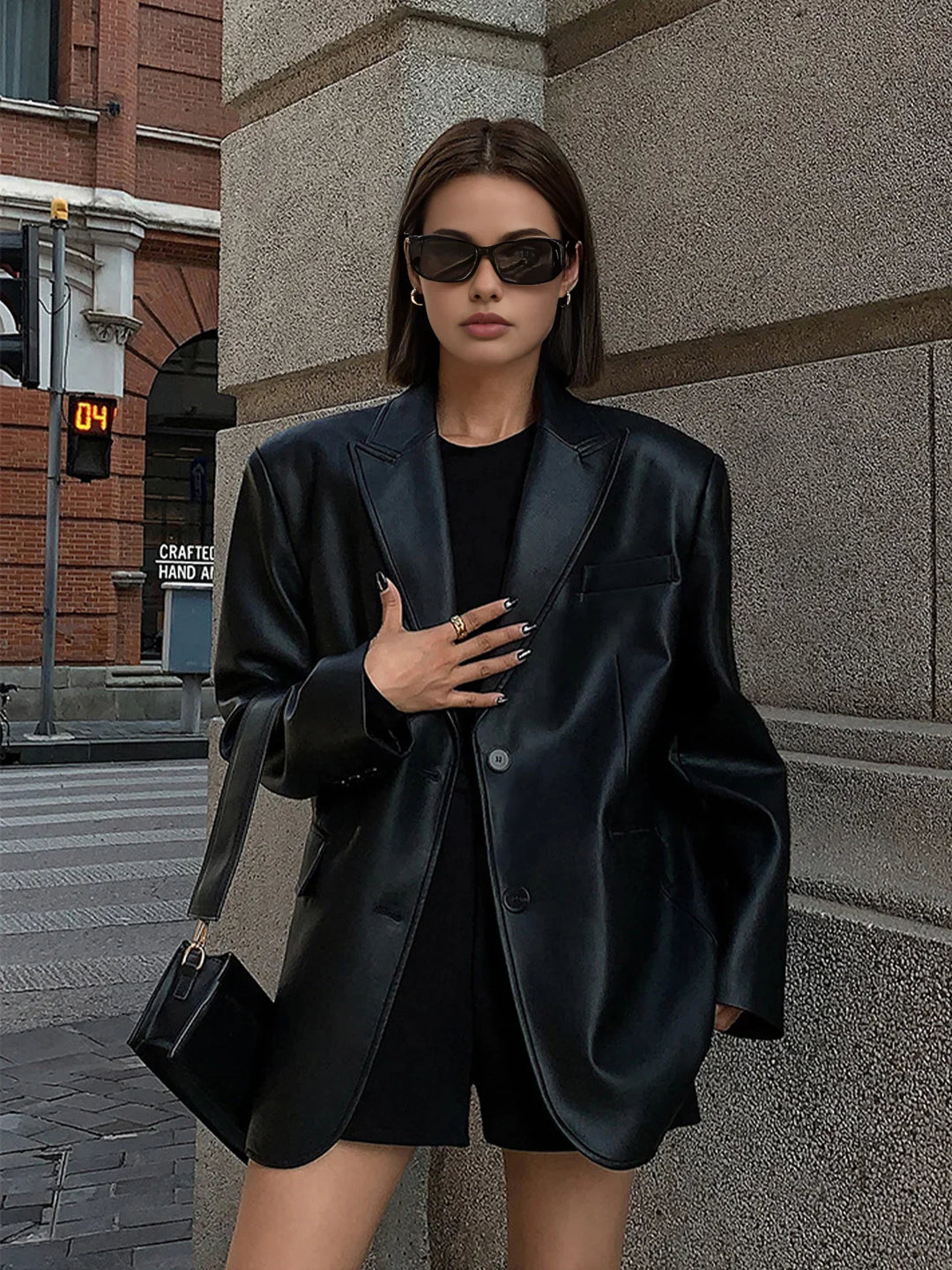 Women's Oversized Faux Leather Blazer Jacket