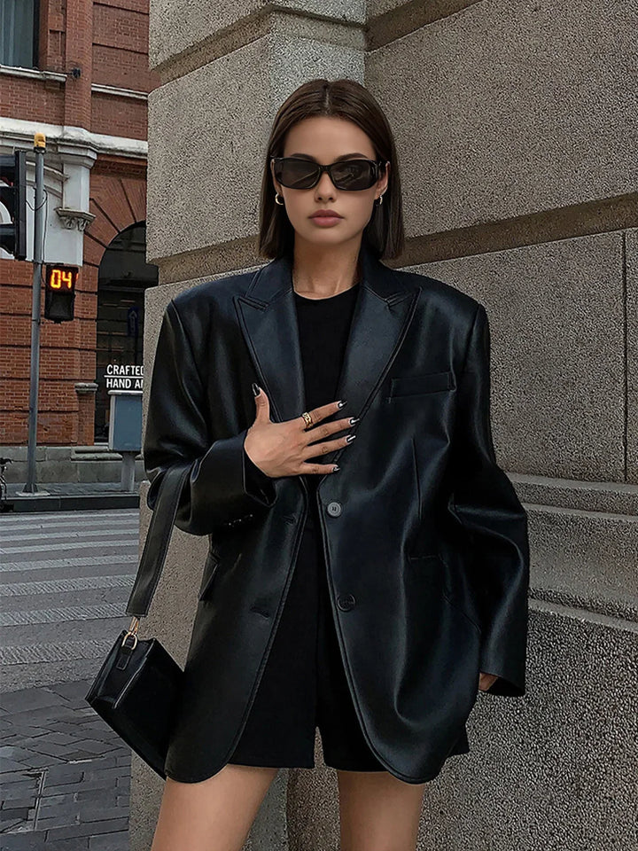 Women's Oversized Faux Leather Blazer Jacket