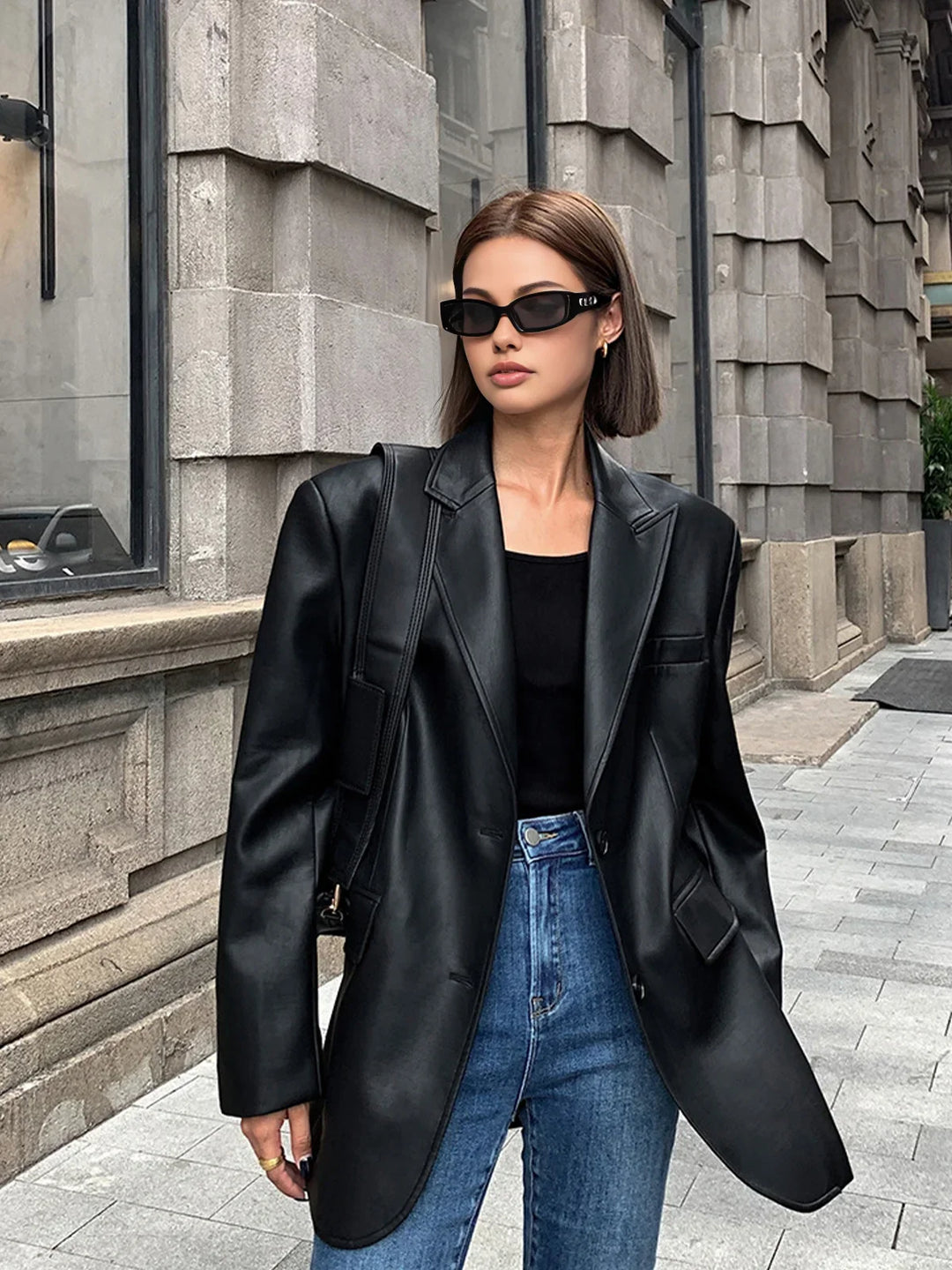 Women's Oversized Faux Leather Blazer Jacket