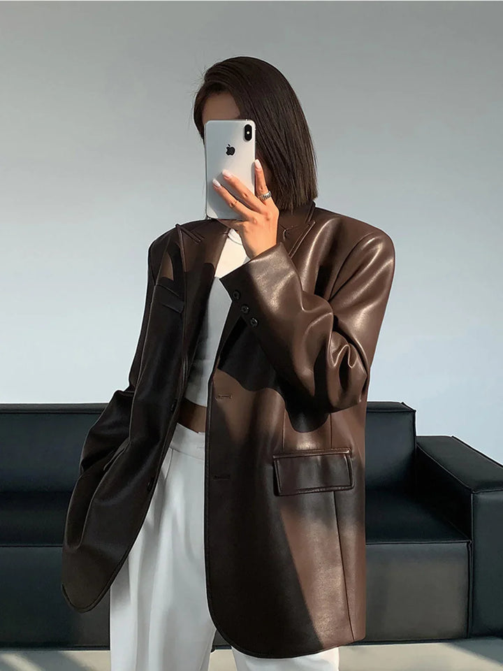 Women's Oversized Faux Leather Blazer Jacket