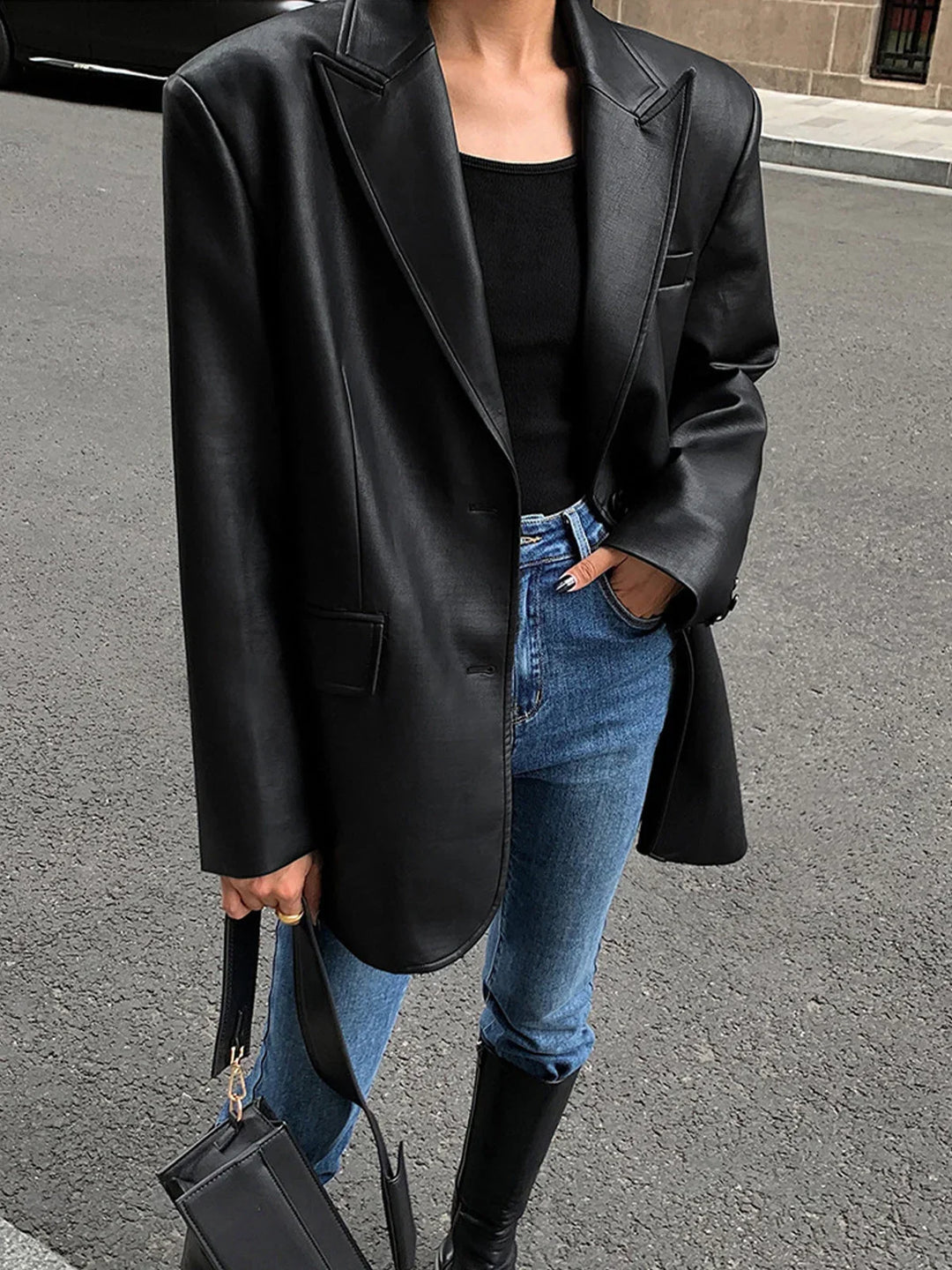 Women's Oversized Faux Leather Blazer Jacket