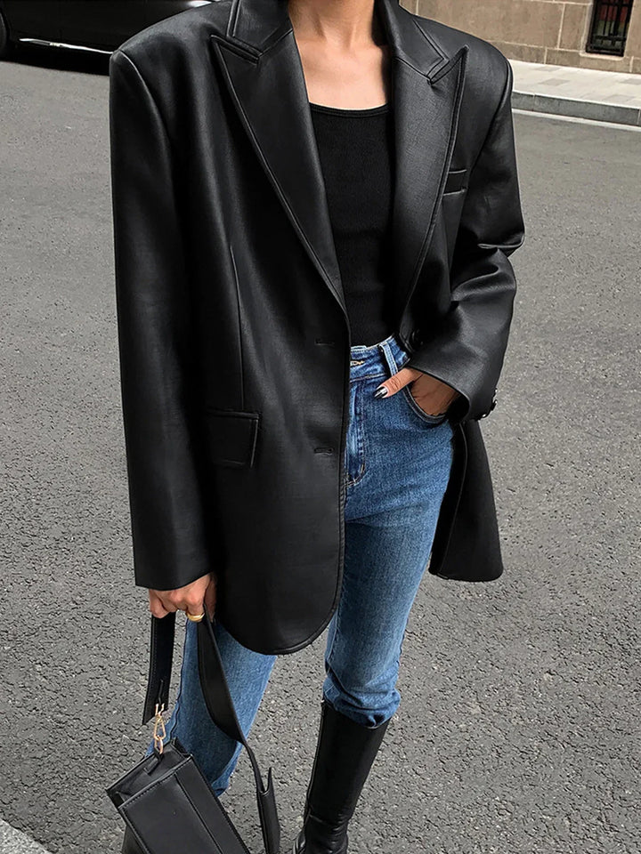 Women's Oversized Faux Leather Blazer Jacket