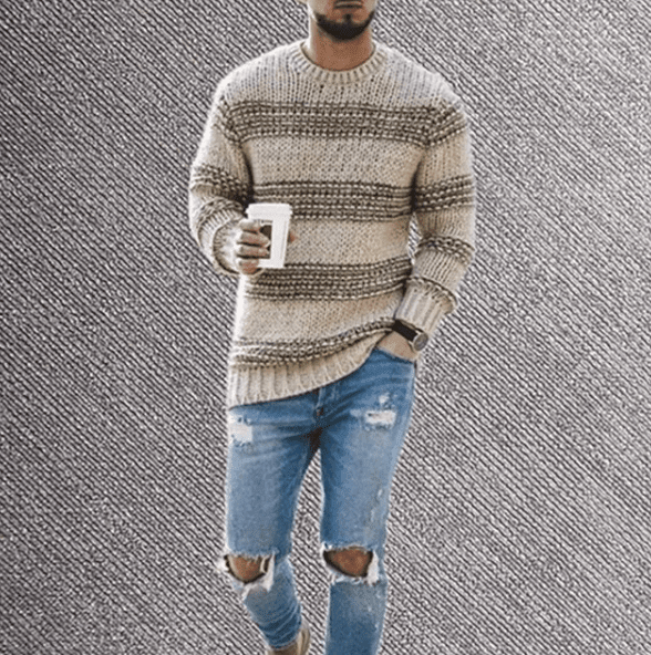 Stribet sweater med rund hals og lange ærmer til mænd