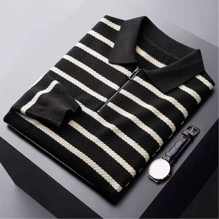 Wes | Men's Striped Zipper Polo Shirt-Metro Lane Plaza