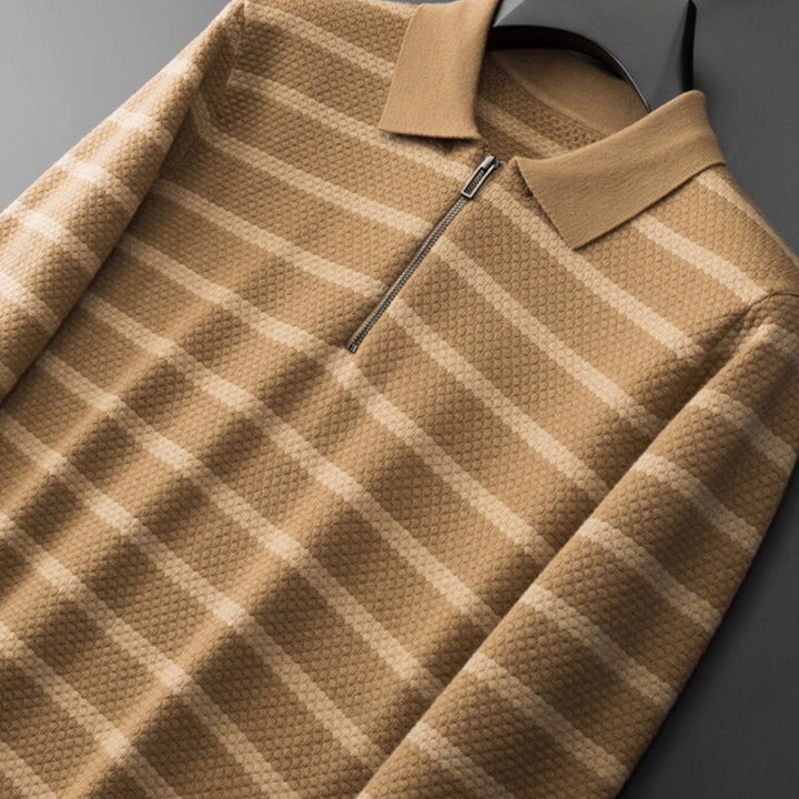 Wes | Men's Striped Zipper Polo Shirt-Metro Lane Plaza