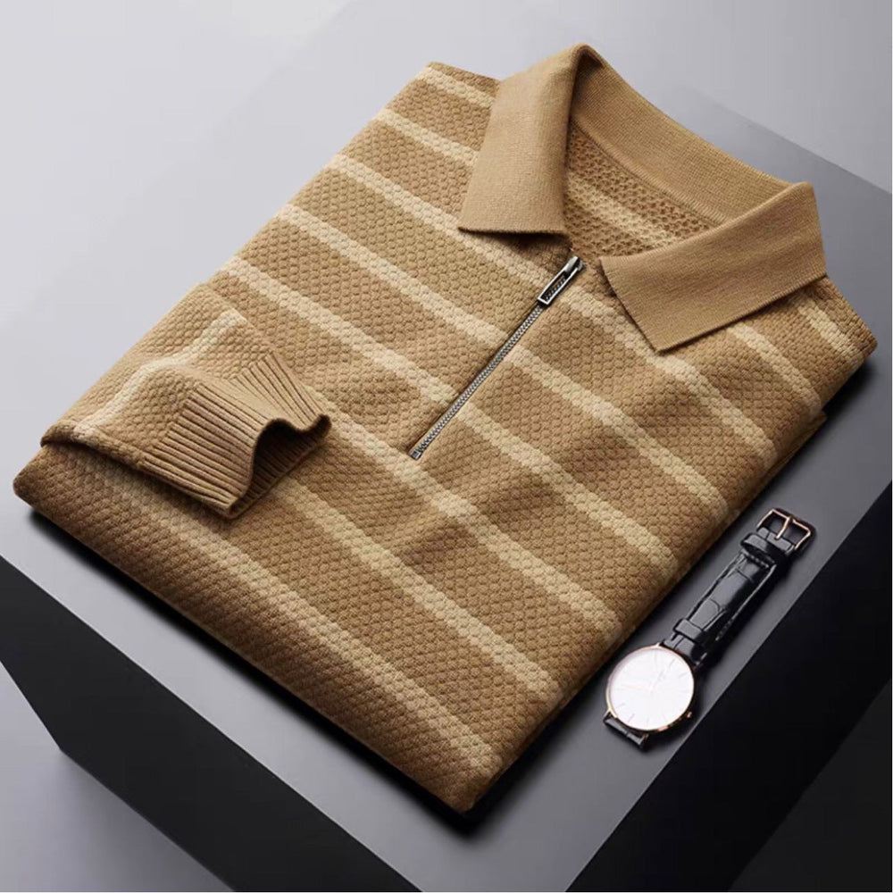 Wes | Men's Striped Zipper Polo Shirt-Metro Lane Plaza