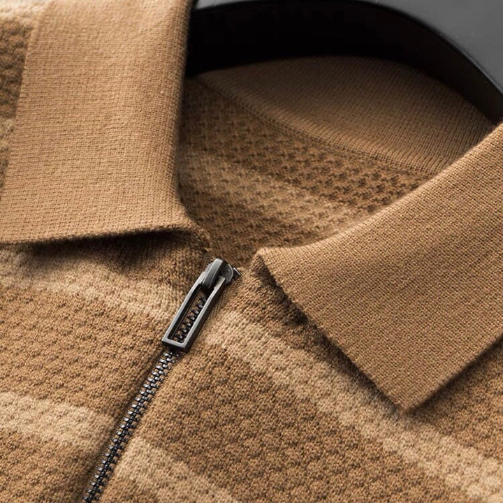 Wes | Men's Striped Zipper Polo Shirt-Metro Lane Plaza